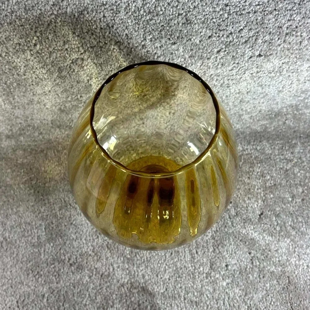 Brandy Snifter Vase Amber Optic Ribbed Glass Pedestal Scalloped Rim 9.5in